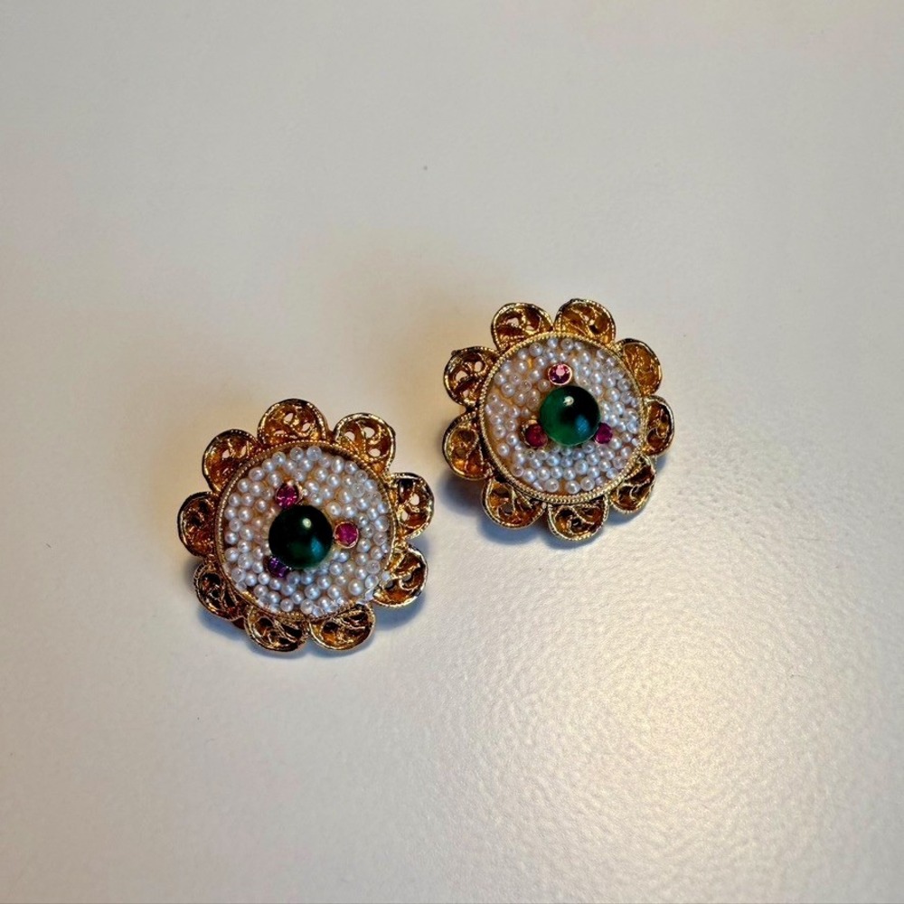 Vintage Signed BSK Golden Faux Seed Pearl Green Cabochon Ornate Clip on Earrings